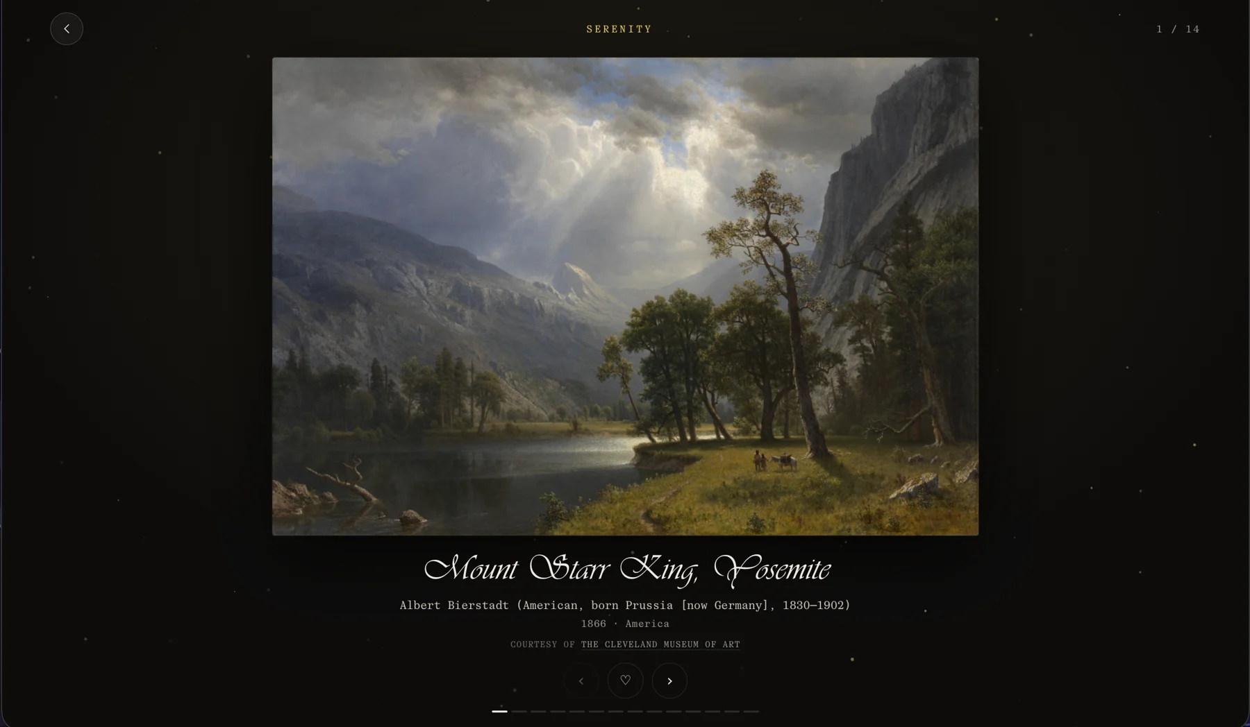 Anima's gallery walk: Albert Bierstadt's Mount Starr King, Yosemite, with its wall label, in the room for serenity