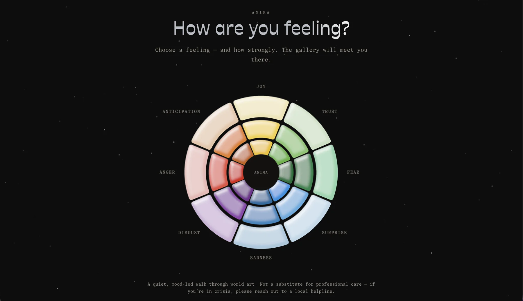 Anima's opening screen: a Plutchik wheel of eight emotions in three rings of intensity, asking how are you feeling