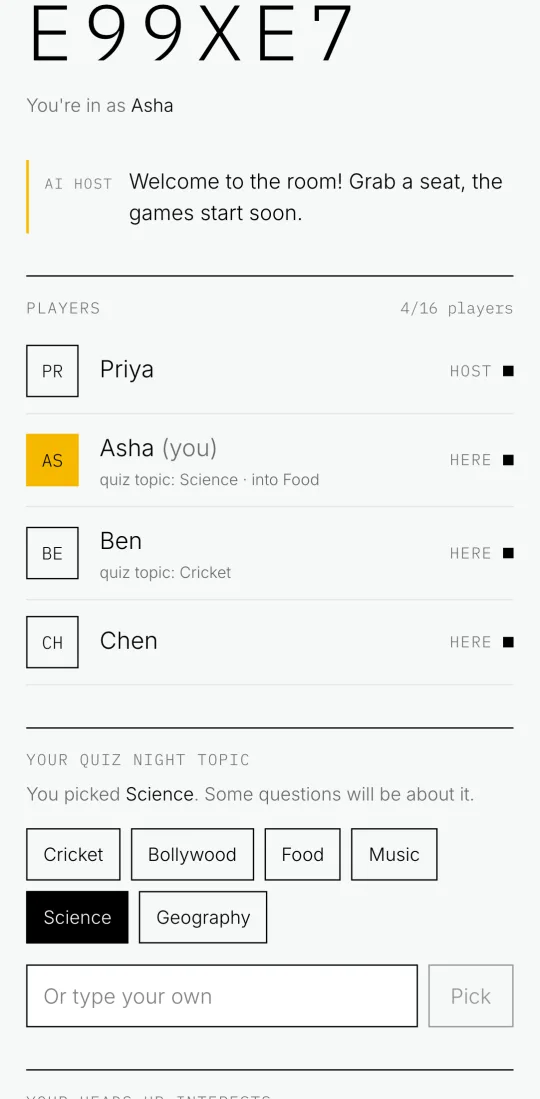 A phone in the lobby, picking a quiz topic