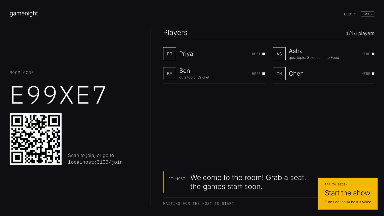 The GameNight lobby on the TV: a room code, a QR code to join, and four players